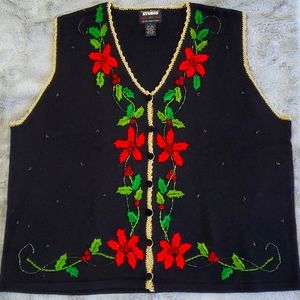 Like new Christmas sweater vest black/red/green/gold w/beading & embellishments